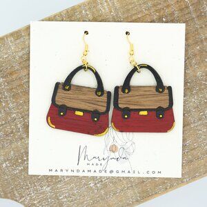 Layered Handpainted Handbag Earrings | Wooden Purse Earrings | Fashion Statement